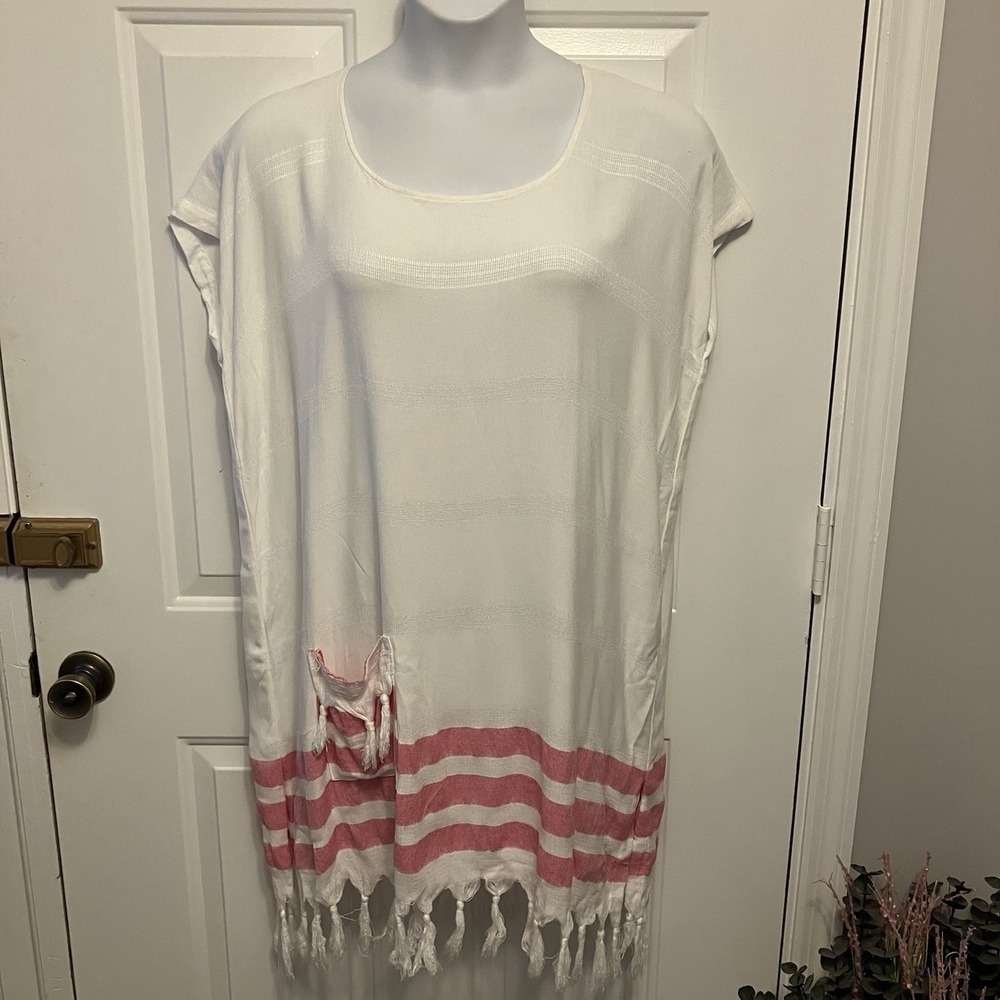 Soft 100% Turkish Cotton Beach Dress‎ Women's Cover Up White Pink w/ Tassels O\S
